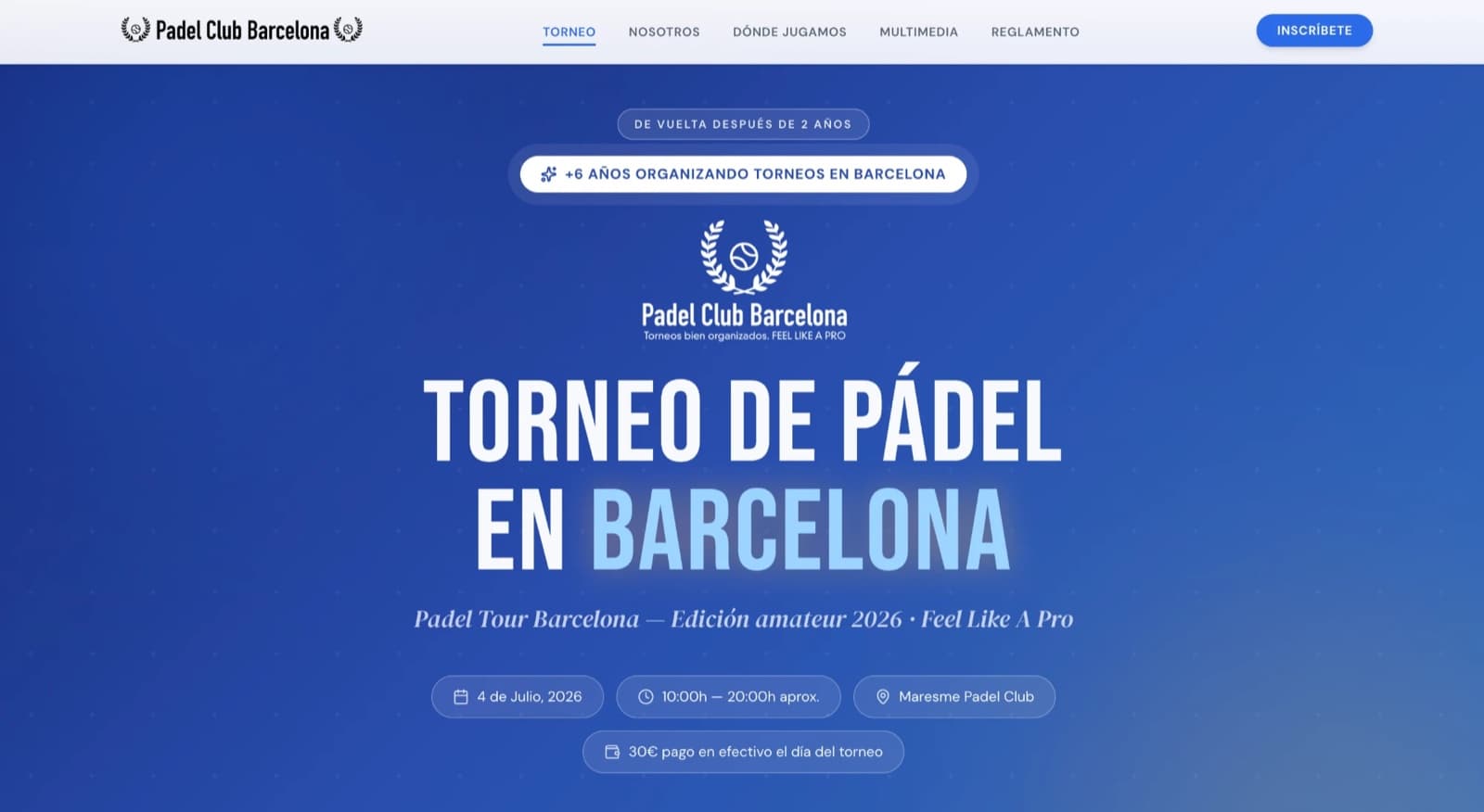 Portada de la web de Padel Club Barcelona: torneo de pádel amateur en Barcelona, con fecha, horario, lugar y precio de inscripción