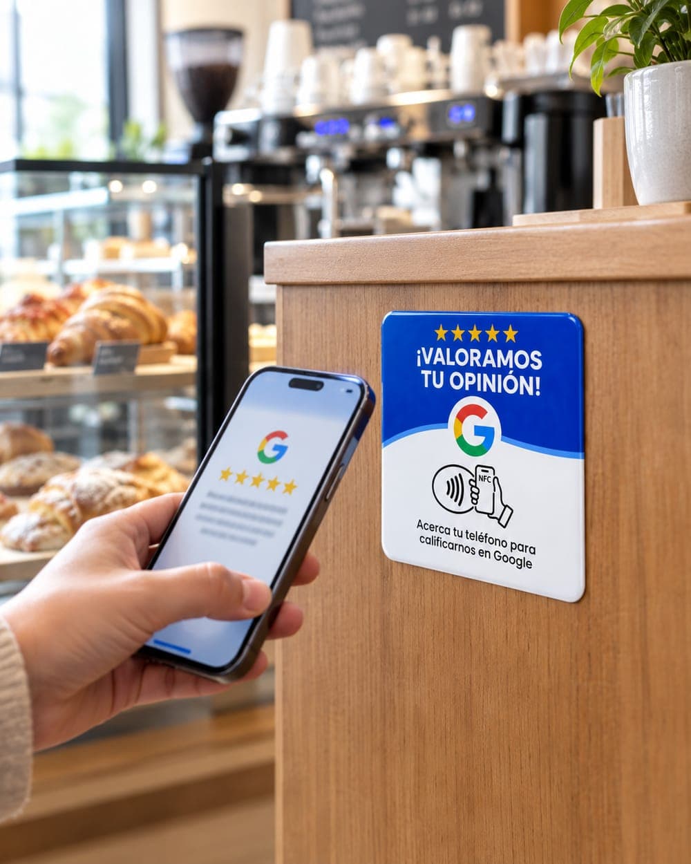 Un cliente acerca el móvil a la tarjeta azul pegada en el mostrador de una cafetería