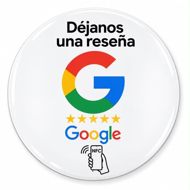 Tarjeta NFC redonda blanca «Déjanos una reseña» con el logo de Google