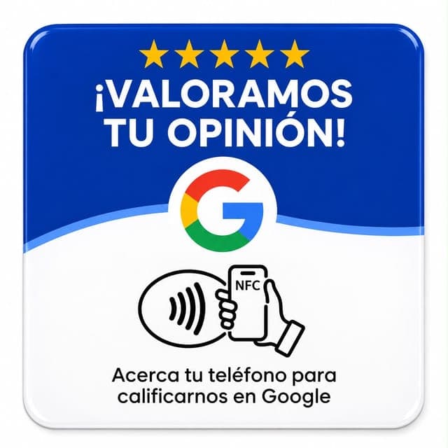 Tarjeta NFC cuadrada azul «¡Valoramos tu opinión!» con el logo de Google