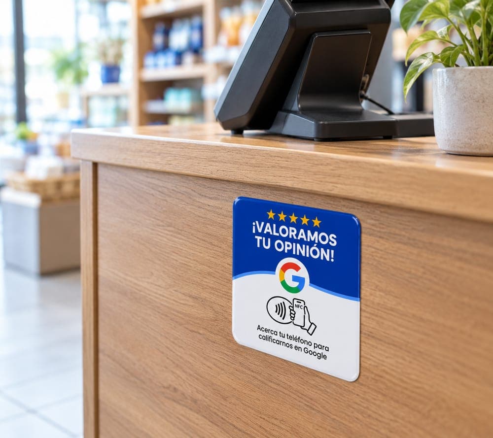 Tarjeta azul pegada en el frontal del mostrador de una tienda