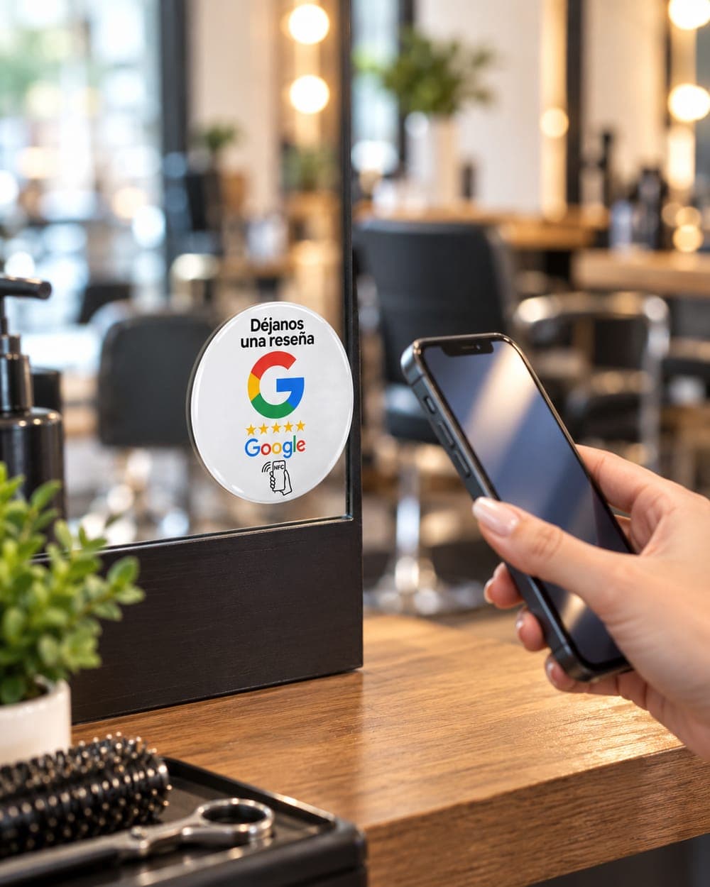 Tarjeta «Déjanos una reseña» pegada en el espejo de una peluquería