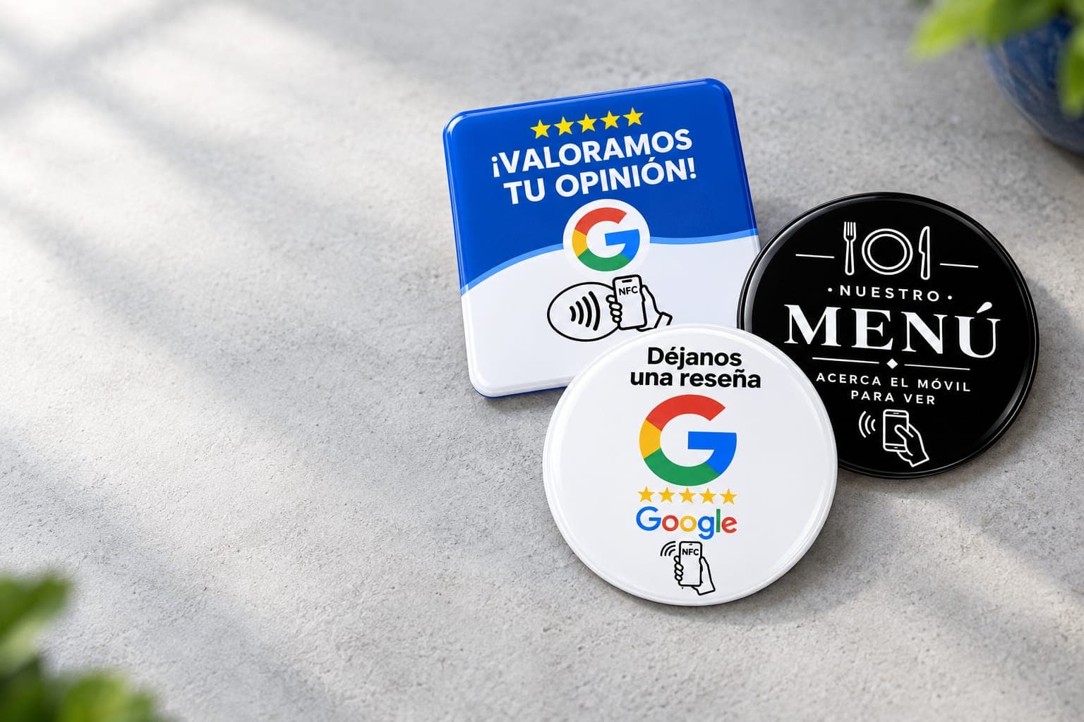 Las tres tarjetas NFC: «¡Valoramos tu opinión!», «Déjanos una reseña» y «Nuestro menú»